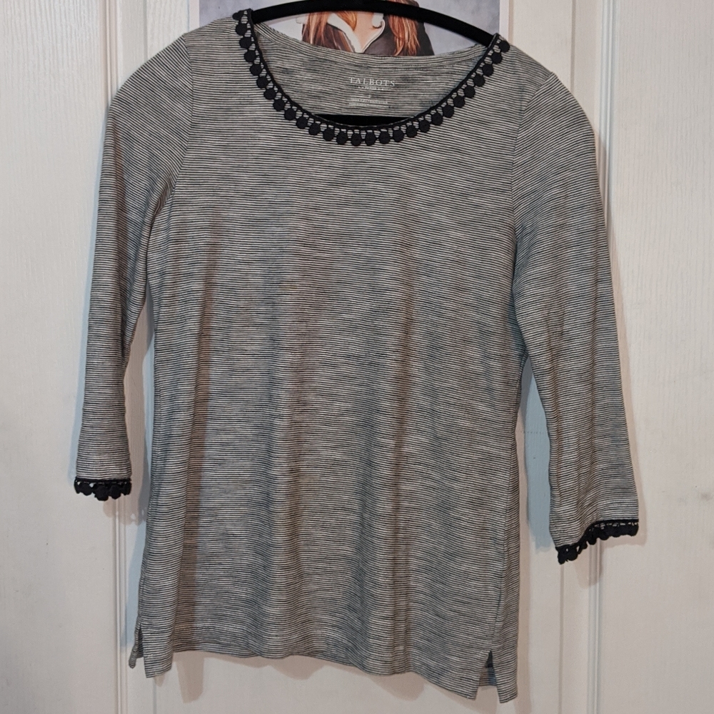 Talbots 3/4 Sleeve Black & White Striped Knit Top with Picot Trim